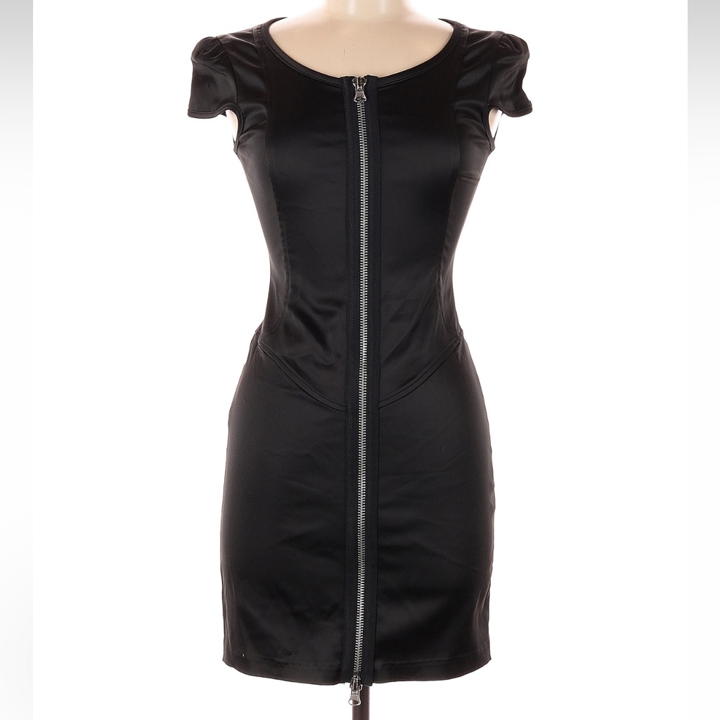 Vintage Betsey Johnson Black Puff Sleeve Dress Front Zipper Punk Retro Size 6
